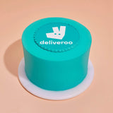 Corporate Colour Matched Cake with Logo in teal icing with edible Deliveroo logo plaque by Crumbs & Doilies
